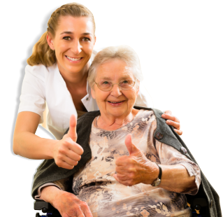 A nurse and an elderly doing a thumbs-up sign